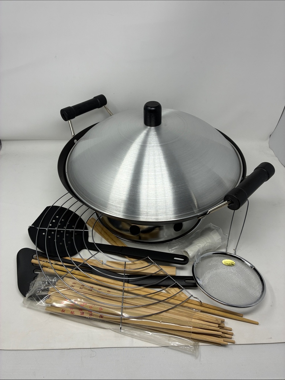 Vintage JCPenney Non-Stick Aluminum Wok Set with Black Handles & Wooden Utensils